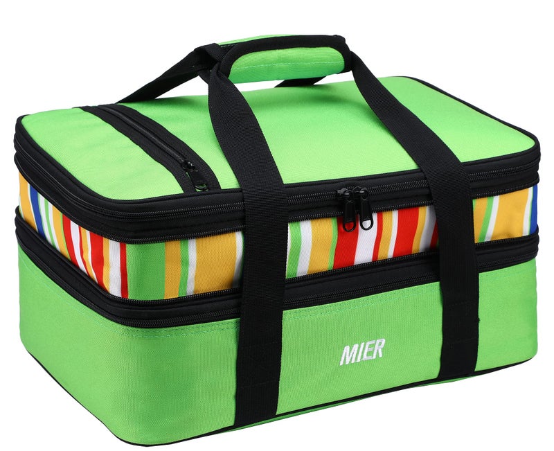 MIER Insulated Double Casserole Carrier Thermal Lunch Tote for Potluck Parties, Picnic, Beach, Fits 9 x 13 Inches Casserole Dish, Expandable by Mid Zipper, Green - Image 1